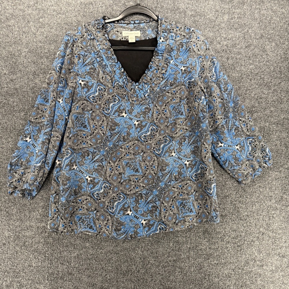 Coldwater Creek Blouse Top Womens S Blue Paisley Popover V-Neck Tunic Coastal